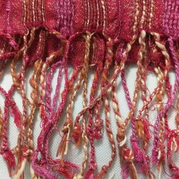 Charming Charlie Pink Red Silver Metallic Thread Woven Scarf with Fringe - Picture 2 of 5